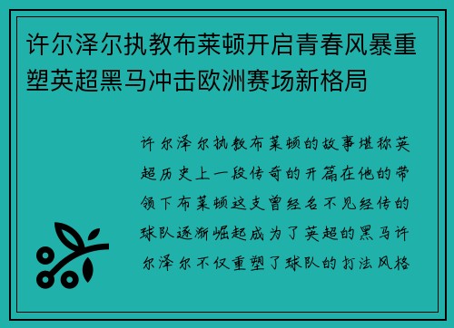 许尔泽尔执教布莱顿开启青春风暴重塑英超黑马冲击欧洲赛场新格局